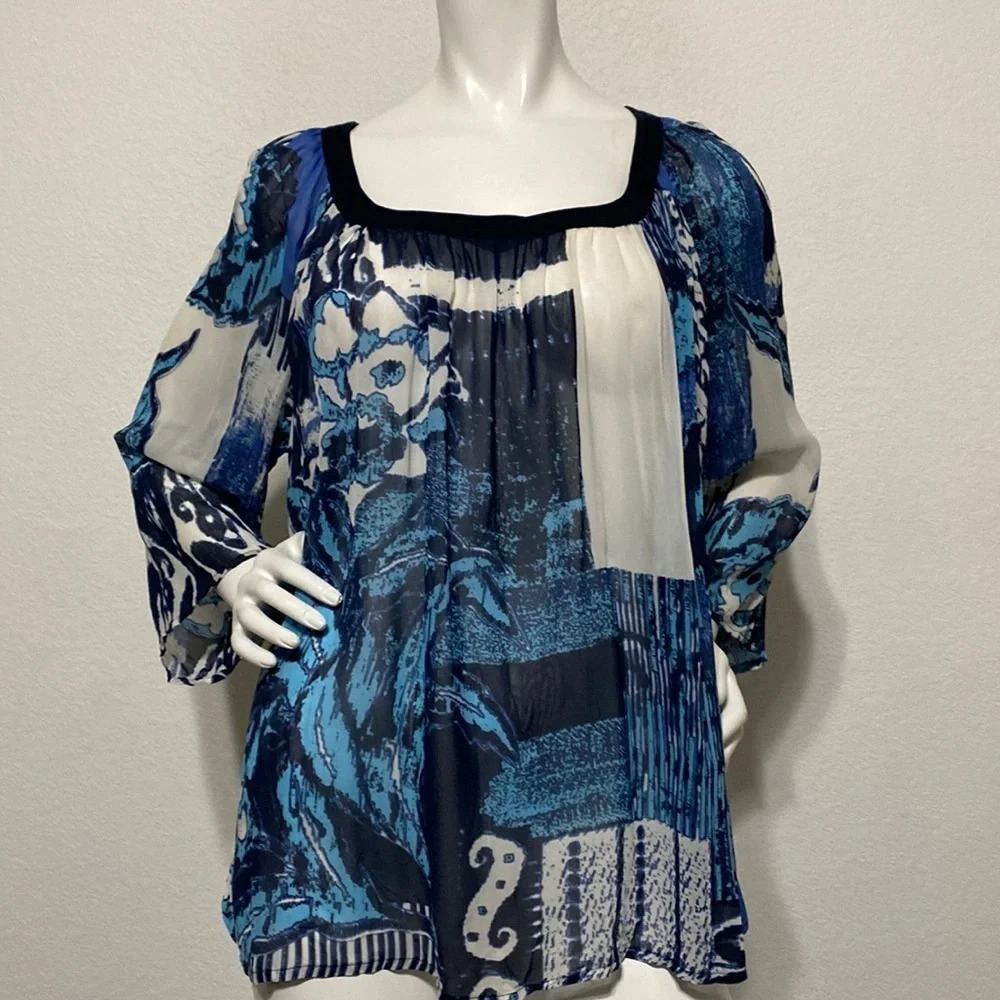 Soft By Avenue Blue Bohemian Long Bell Sleeve Square Neck Tunic Top Size 14/16